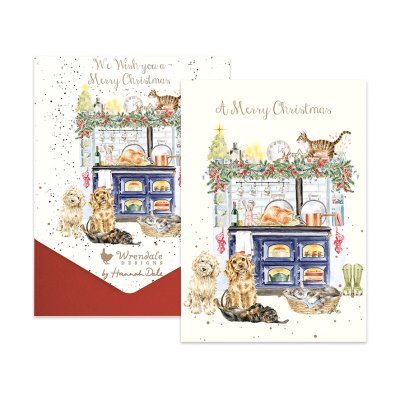 'The Country Christmas' dog and cat Christmas country scene illustrated Christmas card pack