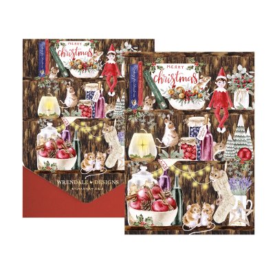 Elf in a pantry with mice Christmas card