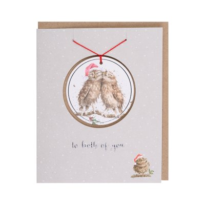 couple Christmas card with hanging owl decoration