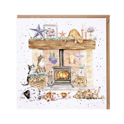 Dog and Cat fireplace scene  illustrated greeting card