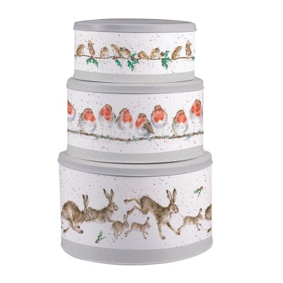 Hare, robin and mouse Christmas cake tin nest