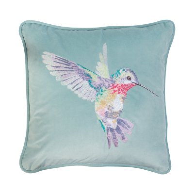 Embroidered hummingbird cushion on light blue fabric