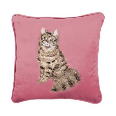 Embroidered cat cushion on pink fabric