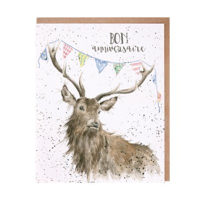 Stag with bunting on antlers French birthday card