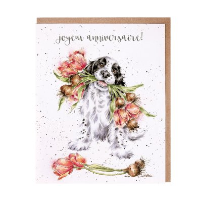 Spaniel with tulips in its mouth French birthday card