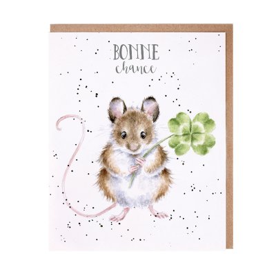 Mouse with a four leaf clover French good luck card