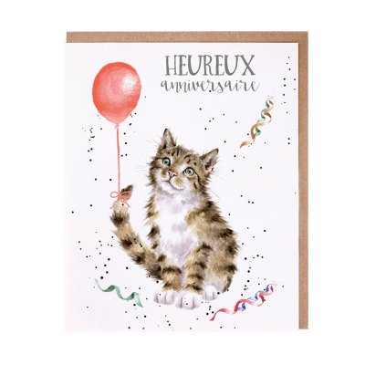 Cat with a red balloon on its tail French birthday card