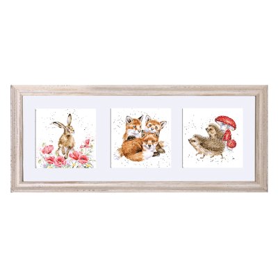 A Meadow hare, fox and hedgehog framed trio of prints