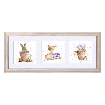 Rabbit, wren and mouse framed trio of prints