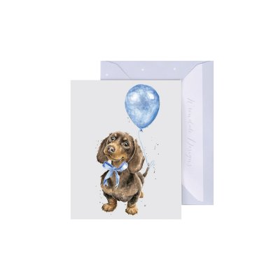 Dachshund with a blue bow and balloon mini card