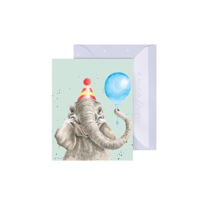 Elephant with a balloon and party hat mini card