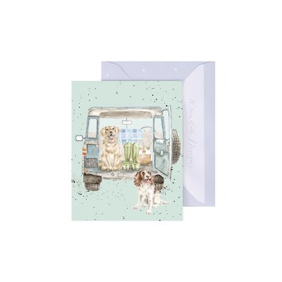 Labrador and Spaniel in a landrover mini card