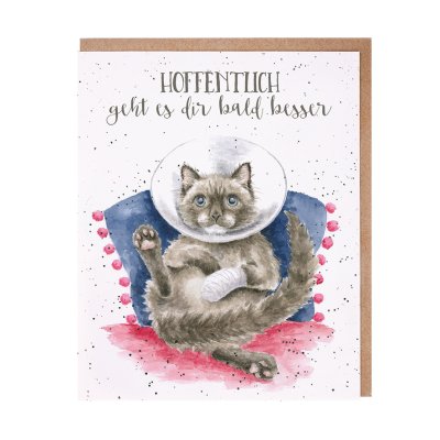 Cat with a cone on its neck and a bandaged paw German card