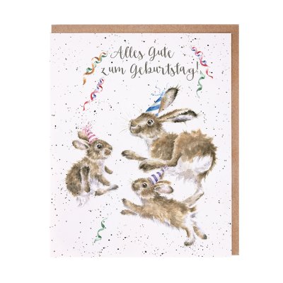 Jumping hares in party hats German card