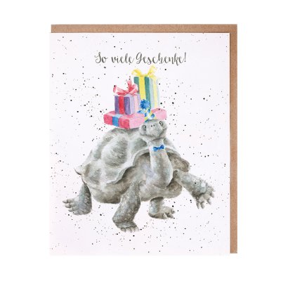 Tortoise with a party hat and bow tie and a pile of presents on its back German card