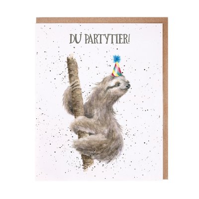 Sloth in a party hat German card