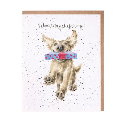 Golden retriever dog with a present in its mouth German card