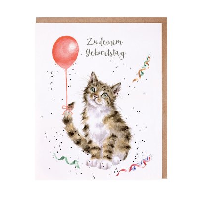 Cat with a red balloon German card