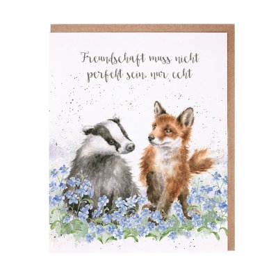 Badger and fox in a field of blue flowers German card