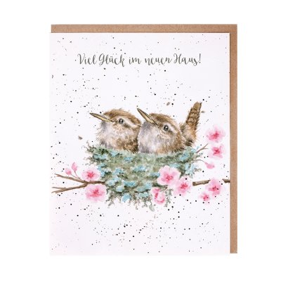 Wrens in a nest in a blossom tree German card
