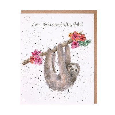 Sloth hanging from a branch with tropical flowers German card