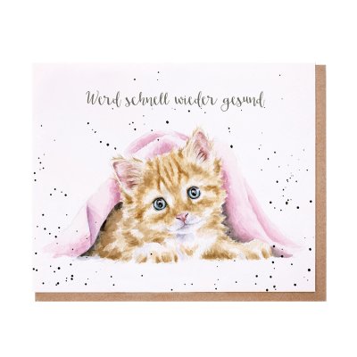 Ginger kitten under a pink blanket German card
