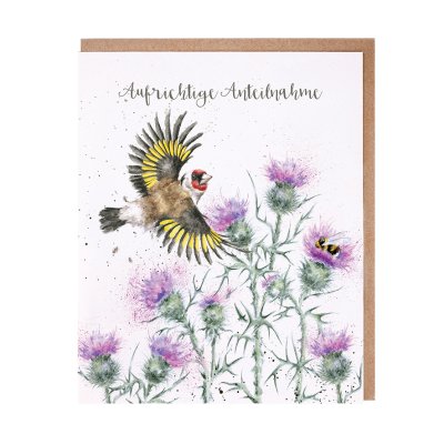 Gold finch flying amongst thistles German card
