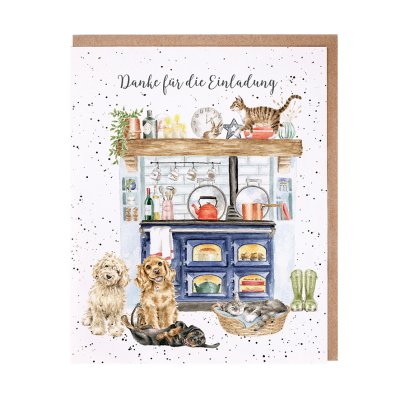 Dogs and cats in a kitchen setting German card