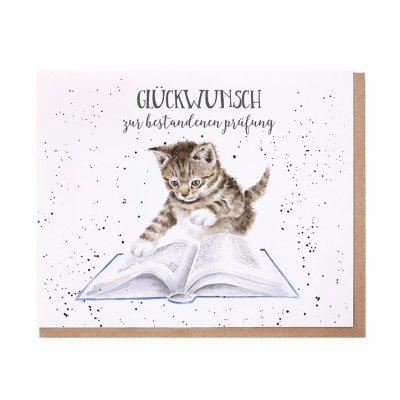 Cat reading a book German Card