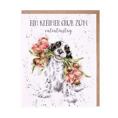 Spaniel with tulips in its mouth German Card