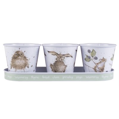 Wren, hare and mouse herb pot and tray set