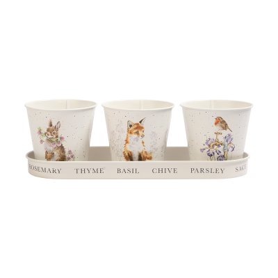 Herb pot and tray set with rabbit, fox and robin design