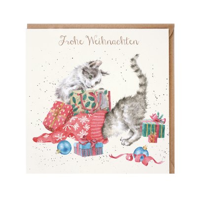 Cats playing with Christmas presents German Christmas Card