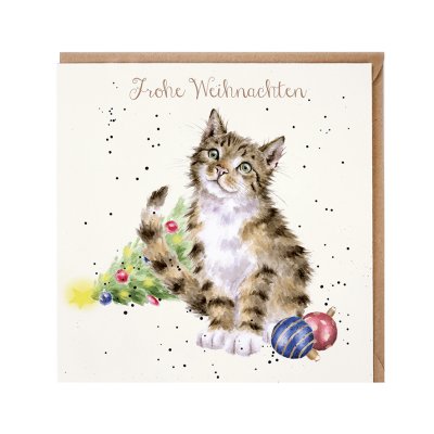 Cat with baubles and fallen Christmas tree German Christmas Card
