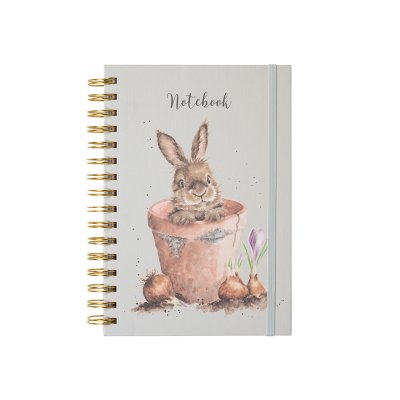 A small Rabbit inside a flower pot peaking over the edge on an A5 Spiral Bound Notebook