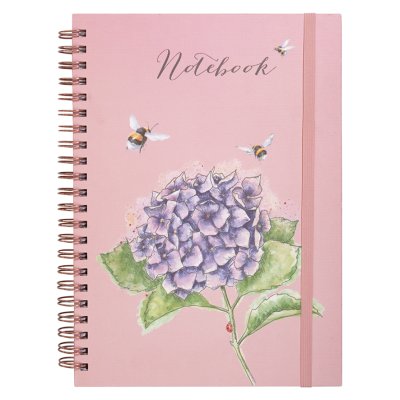 Bees and hydrangeas illustrated on a spiral bound notebook