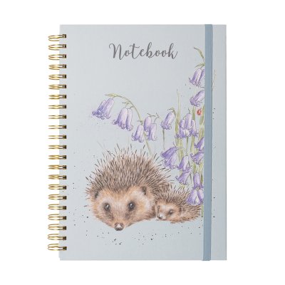 Two hedgehogs cuddling next to flowers on an A4 spiral bound notebook