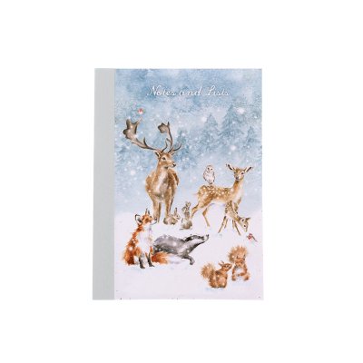 A group of woodland animals exploring a winter wonderland on an A6 paperback Notebook