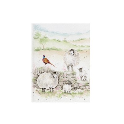 Sheep and new born lambs playing on a stone wall within lucious green pastures on A6 paperback notebook