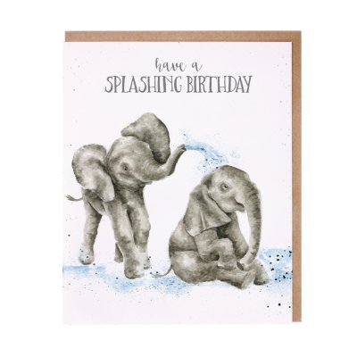 Elephants spraying water birthday card