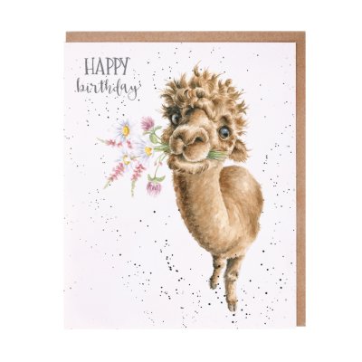 Alpaca with a bunch of flowers in its mouth birthday card