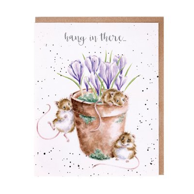 Mice in a flower pot with crocuses hang in there card