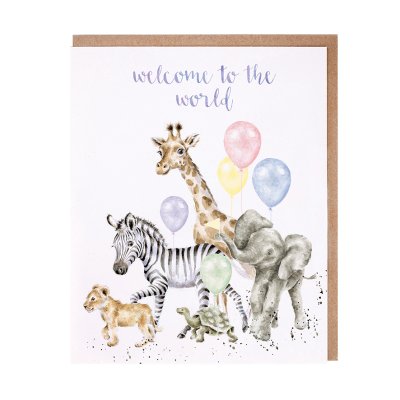 Giraffe, zebra, elephant, lion and tortoise with party balloons new baby card