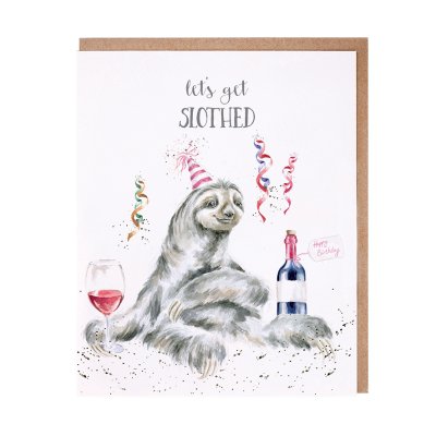 Sloth with a bottle of wine birthday card
