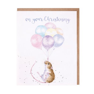 Mouse holding onto a bunch of colourful balloons Christening card