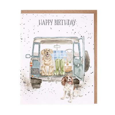 Labrador sat in a Land rover with  a springer spaniel birthday card
