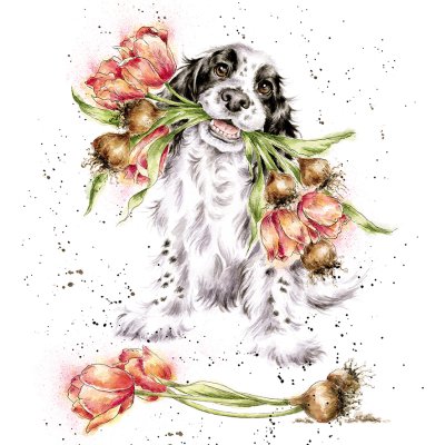 'Blooming with Love' spaniel with flowers artwork print
