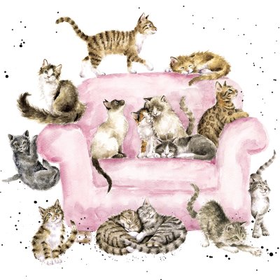 'Cattitude' cats on a pink sofa artwork print