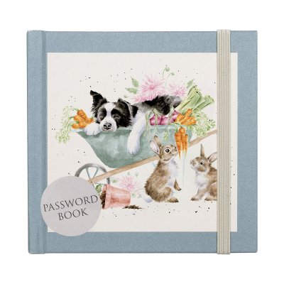 Password book with a boarder collie and rabbit illustration