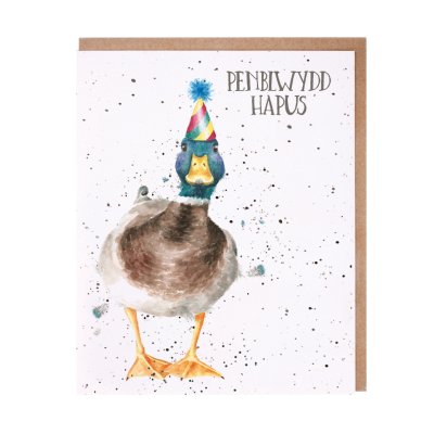 Duck in a party hat Welsh Birthday card